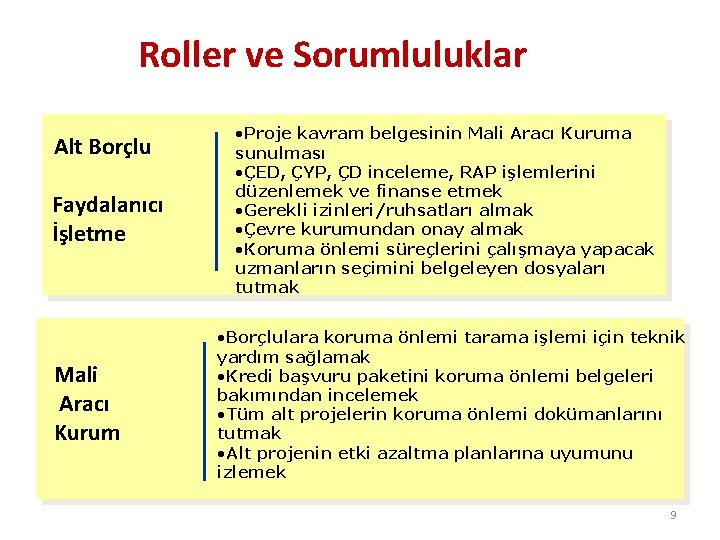 Roller ve Sorumluluklar Alt Borçlu Faydalanıcı İşletme Mali Aracı Kurum • Proje kavram belgesinin