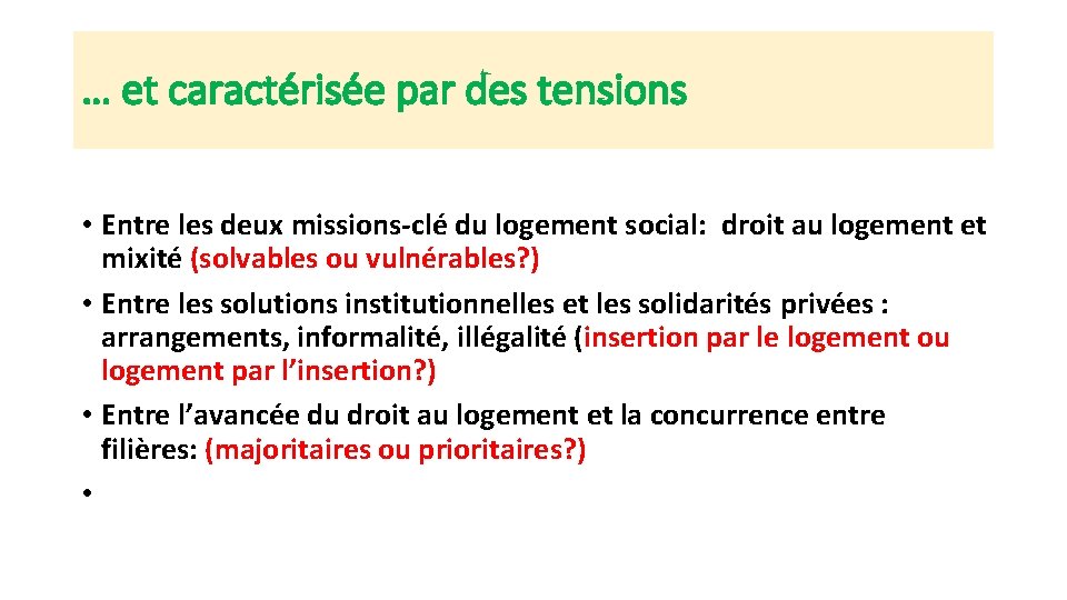 … et caractérisée par des tensions • Entre les deux missions-clé du logement social: