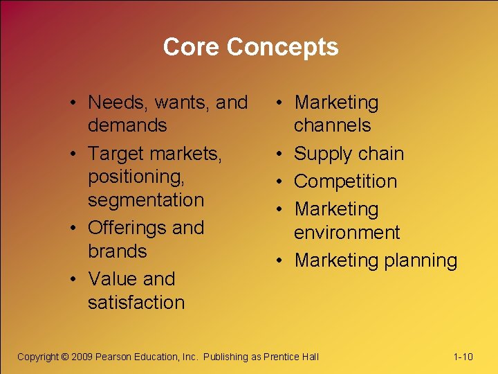 Core Concepts • Needs, wants, and demands • Target markets, positioning, segmentation • Offerings