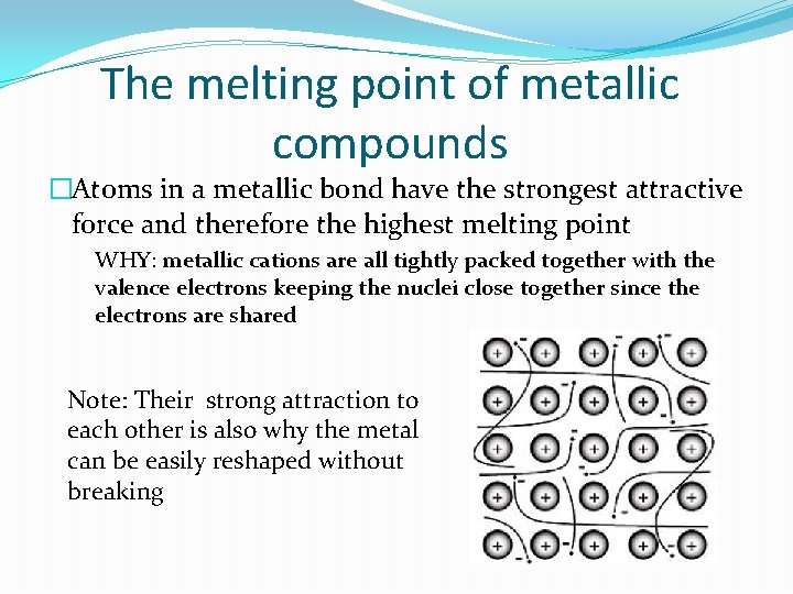 The melting point of metallic compounds �Atoms in a metallic bond have the strongest