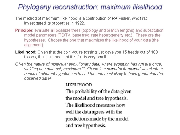 Phylogeny reconstruction: maximum likelihood The method of maximum likelihood is a contribution of RA