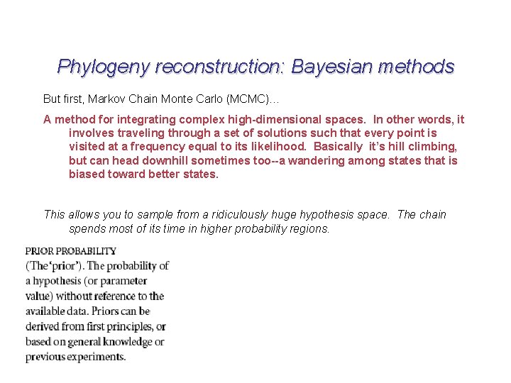 Phylogeny reconstruction: Bayesian methods But first, Markov Chain Monte Carlo (MCMC)… A method for