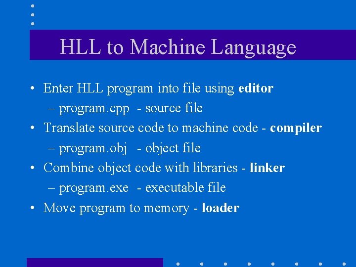 HLL to Machine Language • Enter HLL program into file using editor – program.