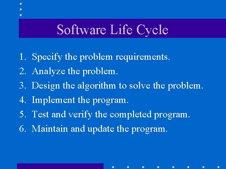 Software Life Cycle 1. 2. 3. 4. 5. 6. Specify the problem requirements. Analyze