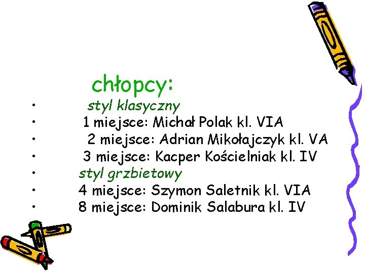  • • chłopcy: styl klasyczny 1 miejsce: Michał Polak kl. VIA 2 miejsce: