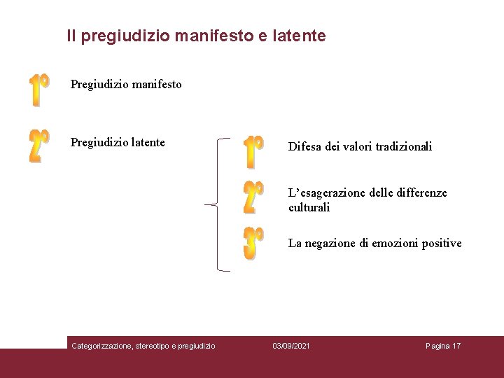 Il pregiudizio manifesto e latente Pregiudizio manifesto Pregiudizio latente Difesa dei valori tradizionali L’esagerazione