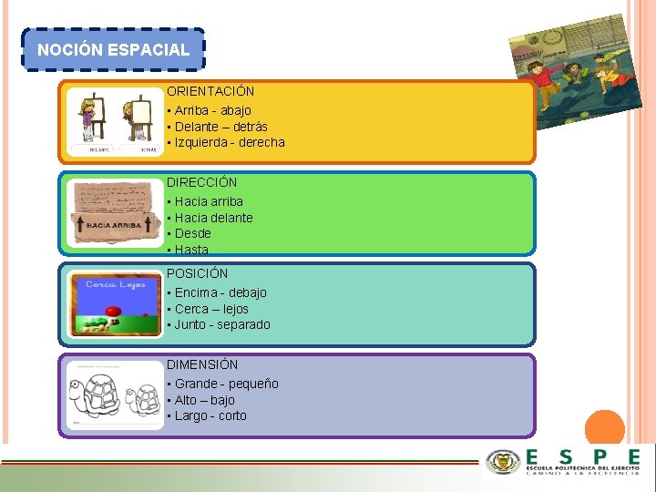 NOCIÓN ESPACIAL ORIENTACIÓN • Arriba - abajo • Delante – detrás • Izquierda -