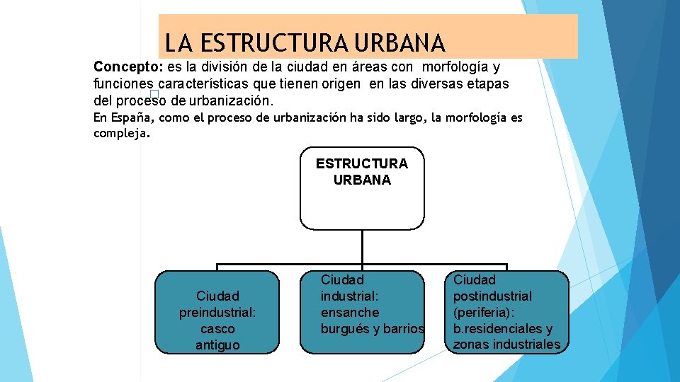 LA ESTRUCTURA URBANA Concepto: es la división de la ciudad en áreas con morfología