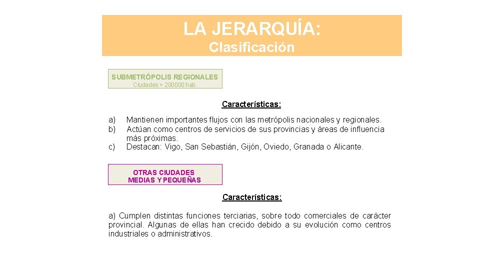 LA JERARQUÍA: Clasificación SUBMETRÓPOLIS REGIONALES Ciudades > 200000 hab. Características: a) b) c) Mantienen