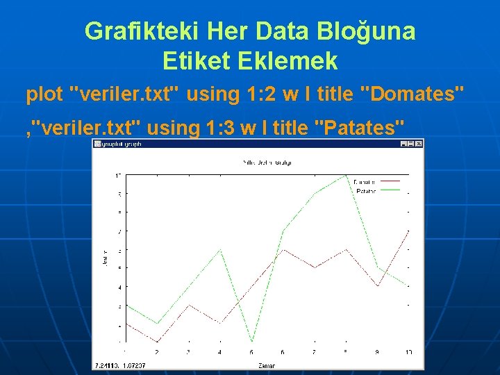 Grafikteki Her Data Bloğuna Etiket Eklemek plot "veriler. txt" using 1: 2 w l