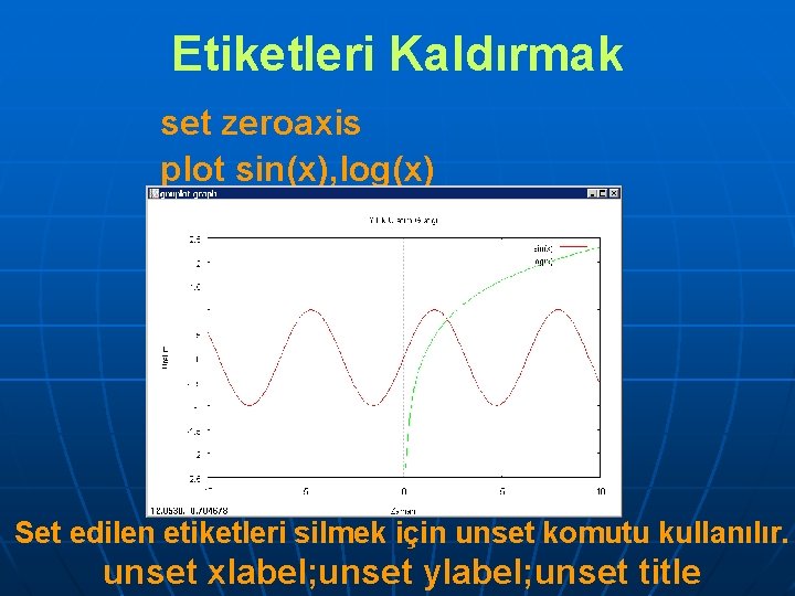 Etiketleri Kaldırmak set zeroaxis plot sin(x), log(x) Set edilen etiketleri silmek için unset komutu