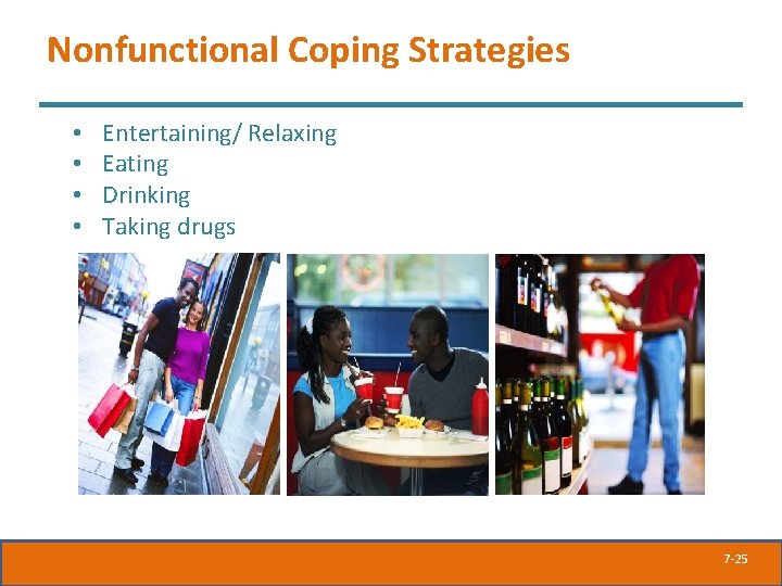 Nonfunctional Coping Strategies • • Entertaining/ Relaxing Eating Drinking Taking drugs 7 -25 