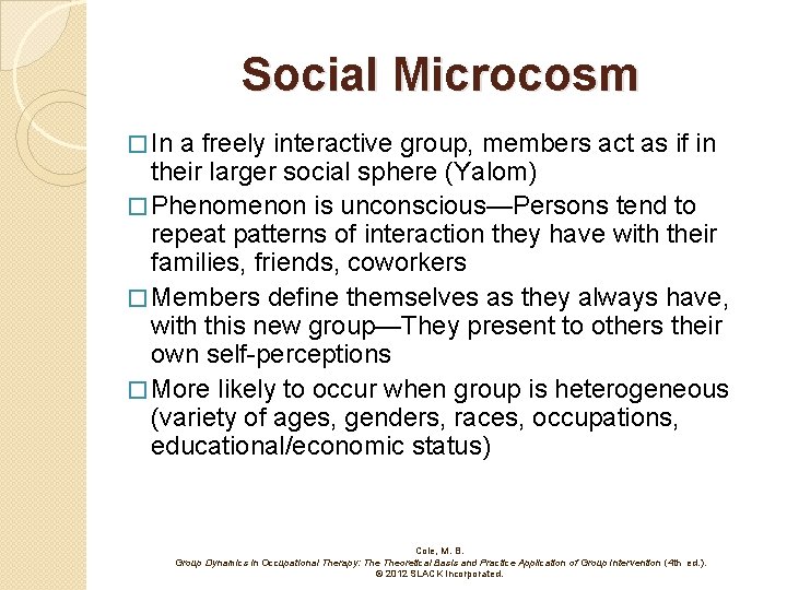 Social Microcosm � In a freely interactive group, members act as if in their