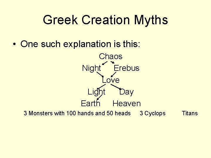 Greek Creation Myths • One such explanation is this: Chaos Night Erebus Love Light