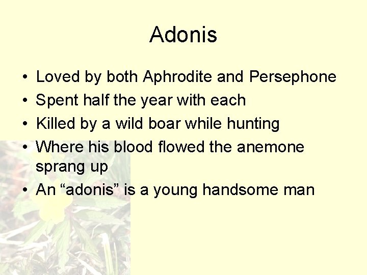 Adonis • • Loved by both Aphrodite and Persephone Spent half the year with