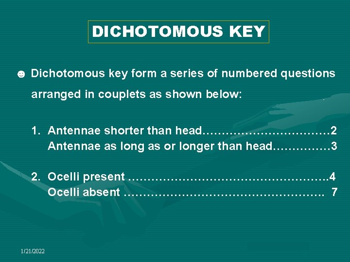 DICHOTOMOUS KEY ☻ Dichotomous key form a series of numbered questions arranged in couplets