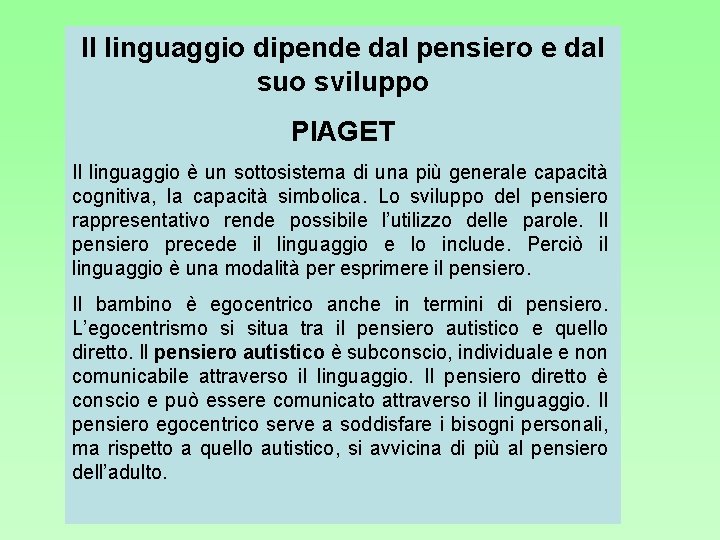 Il linguaggio dipende dal pensiero e dal suo sviluppo PIAGET Il linguaggio è un