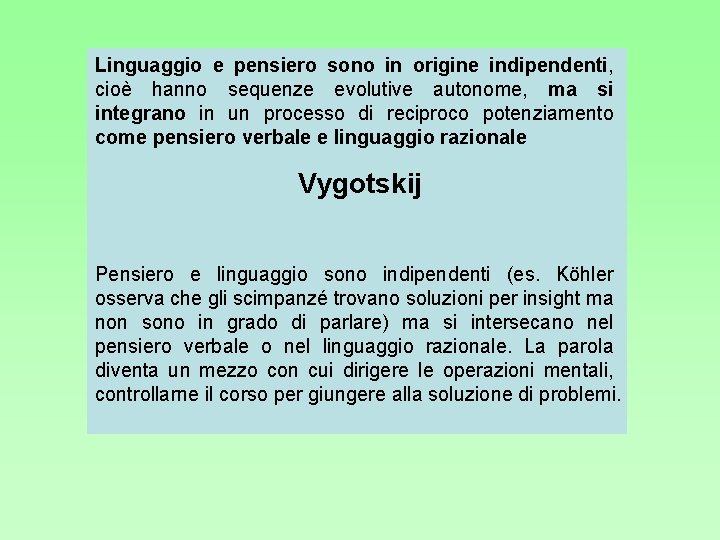 Linguaggio e pensiero sono in origine indipendenti, cioè hanno sequenze evolutive autonome, ma si