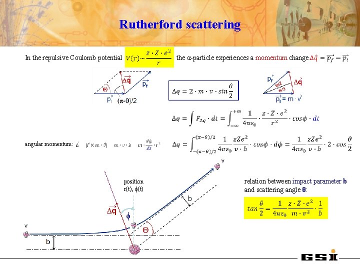 Rutherford scattering In the repulsive Coulomb potential the α-particle experiences a momentum change angular