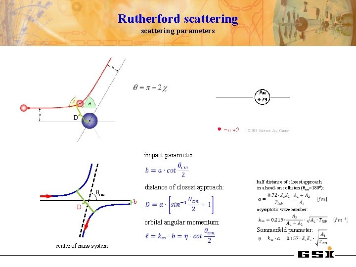 Rutherford scattering parameters D impact parameter: distance of closest approach: θcm D half distance