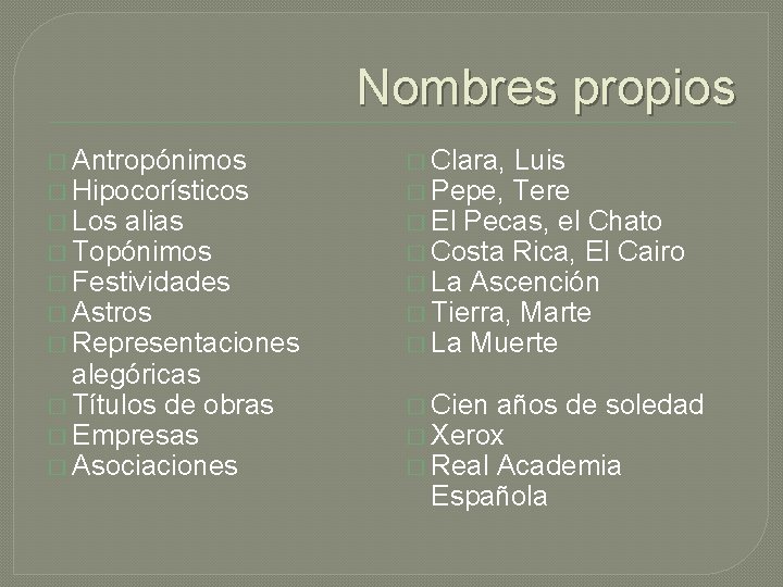 Nombres propios � Antropónimos � Hipocorísticos � Los alias � Topónimos � Festividades �