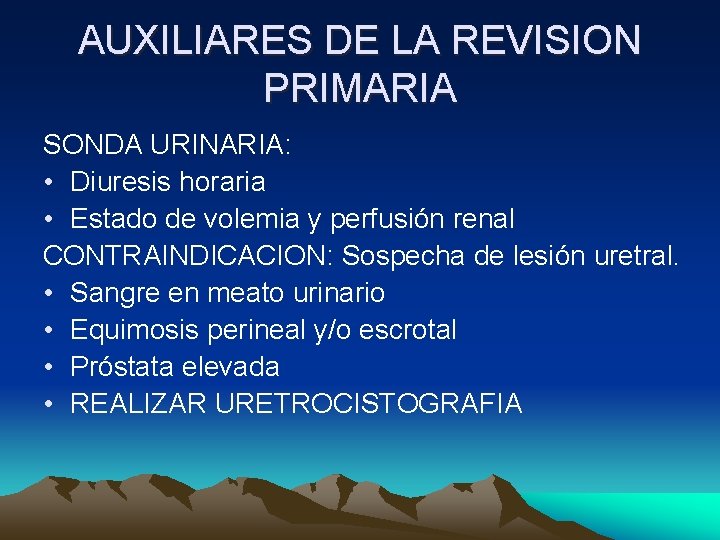 AUXILIARES DE LA REVISION PRIMARIA SONDA URINARIA: • Diuresis horaria • Estado de volemia