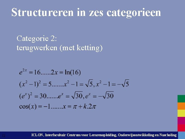 Structureren in zes categorieen Categorie 2: terugwerken (met ketting) 12 ICLON, Interfacultair Centrum voor