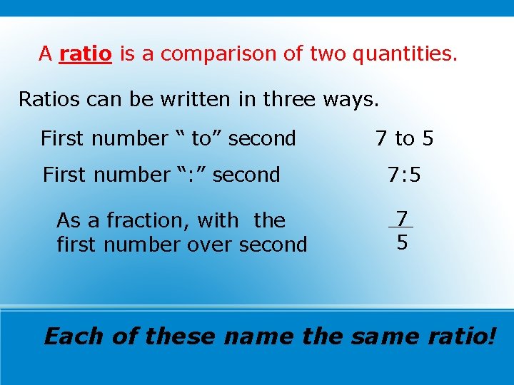A ratio is a comparison of two quantities. Ratios can be written in three