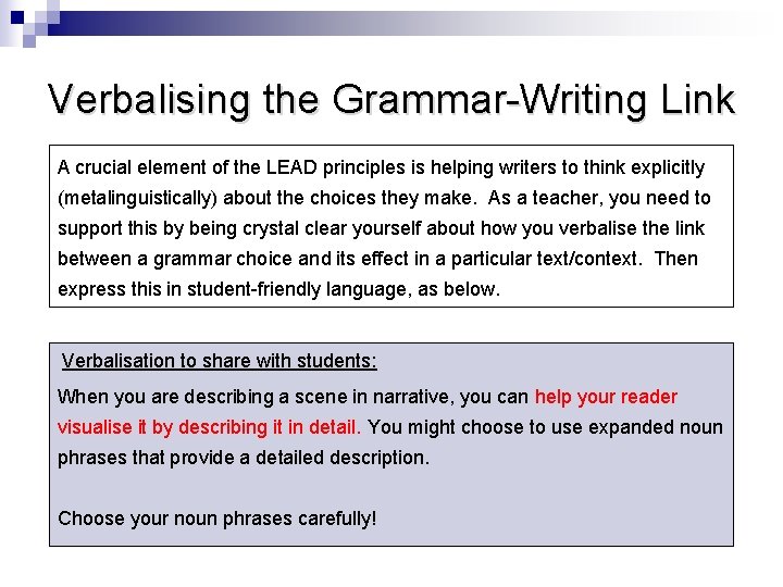 Verbalising the Grammar-Writing Link A crucial element of the LEAD principles is helping writers