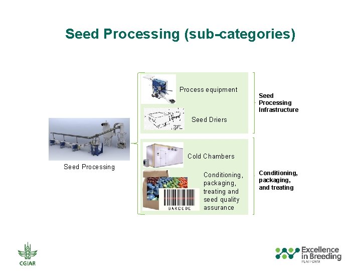 Seed Processing (sub-categories) Process equipment Seed Processing Infrastructure Seed Driers Cold Chambers Seed Processing