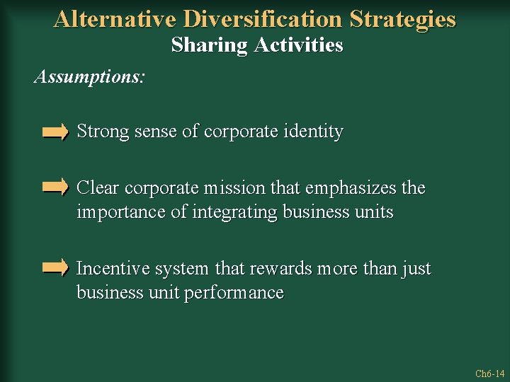 Alternative Diversification Strategies Sharing Activities Assumptions: Strong sense of corporate identity Clear corporate mission