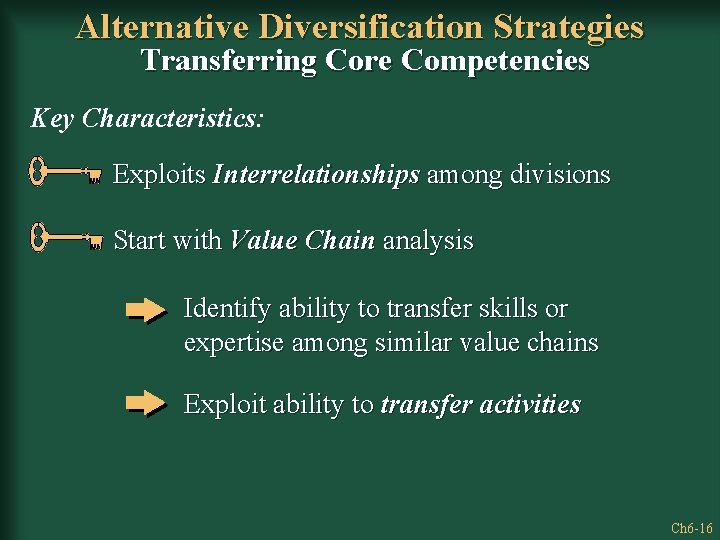 Alternative Diversification Strategies Transferring Core Competencies Key Characteristics: Exploits Interrelationships among divisions Start with