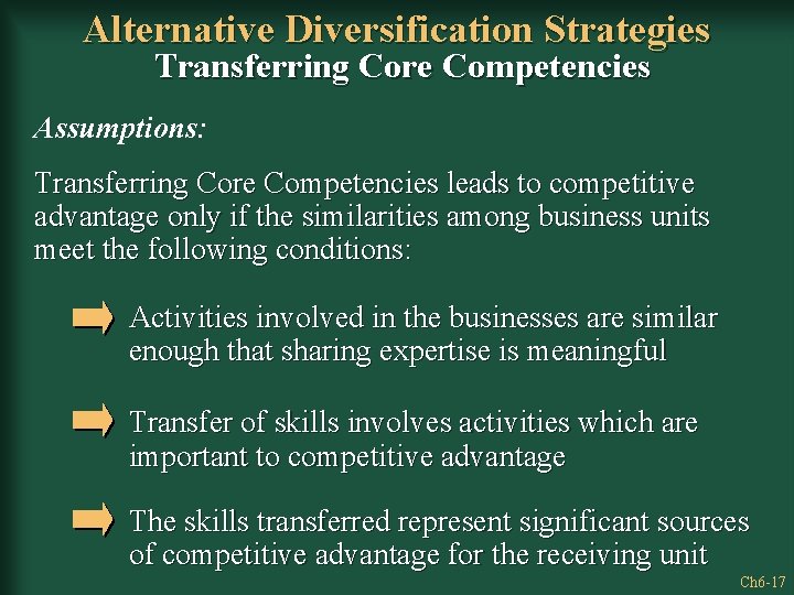 Alternative Diversification Strategies Transferring Core Competencies Assumptions: Transferring Core Competencies leads to competitive advantage