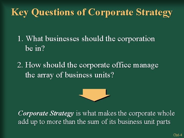 Key Questions of Corporate Strategy 1. What businesses should the corporation be in? 2.