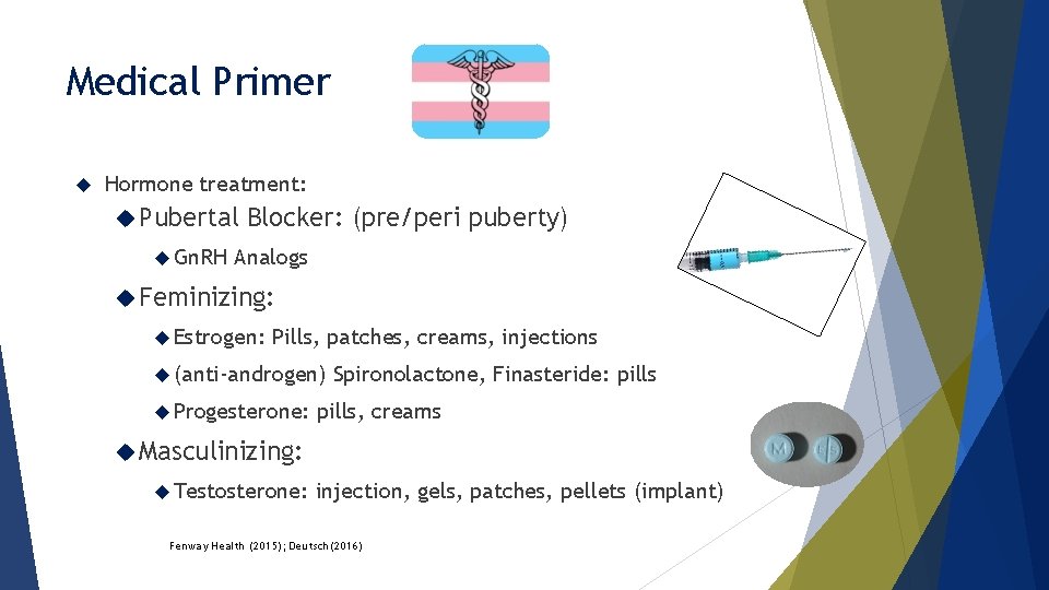 Medical Primer Hormone treatment: Pubertal Gn. RH Blocker: (pre/peri puberty) Analogs Feminizing: Estrogen: Pills,