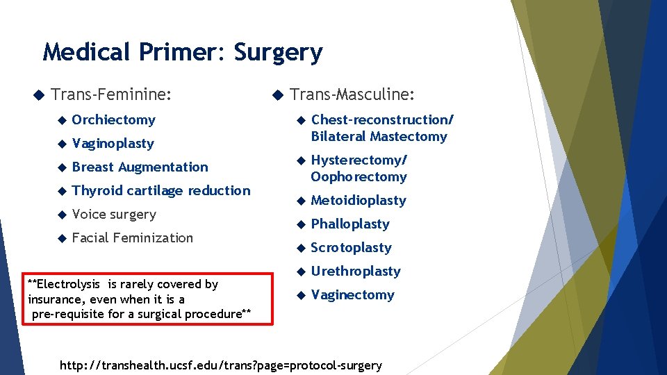 Medical Primer: Surgery Trans-Feminine: Orchiectomy Vaginoplasty Breast Augmentation Thyroid cartilage reduction Voice surgery Facial