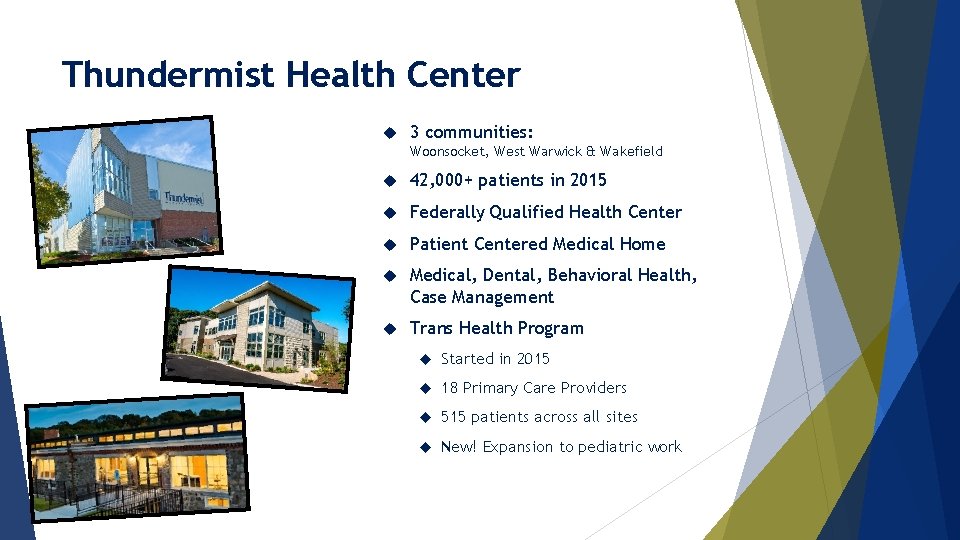 Thundermist Health Center 3 communities: Woonsocket, West Warwick & Wakefield 42, 000+ patients in