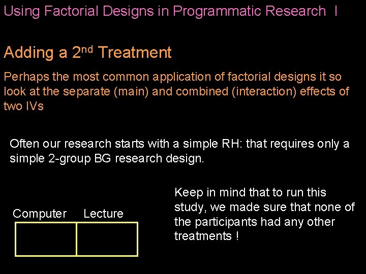 Using Factorial Designs in Programmatic Research I Adding a 2 nd Treatment Perhaps the