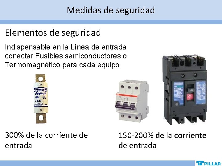 Medidas de seguridad Elementos de seguridad Indispensable en la Línea de entrada conectar Fusibles Medidas de seguridad Elementos de seguridad Indispensable en la Línea de entrada conectar Fusibles