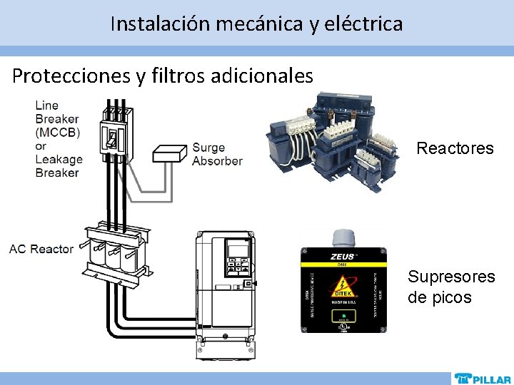 Instalación mecánica y eléctrica Protecciones y filtros adicionales Reactores Supresores de picos Instalación mecánica y eléctrica Protecciones y filtros adicionales Reactores Supresores de picos