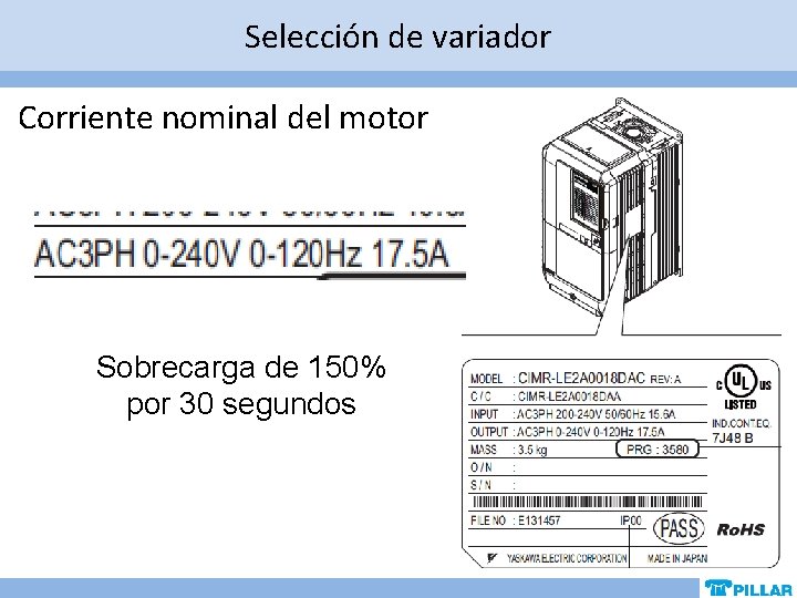 Selección de variador Corriente nominal del motor Sobrecarga de 150% por 30 segundos Selección de variador Corriente nominal del motor Sobrecarga de 150% por 30 segundos