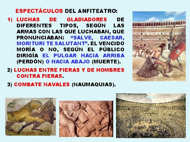 ESPECTÁCULOS DEL ANFITEATRO: 1) LUCHAS DE GLADIADORES DE DIFERENTES TIPOS, SEGÚN LAS ARMAS CON