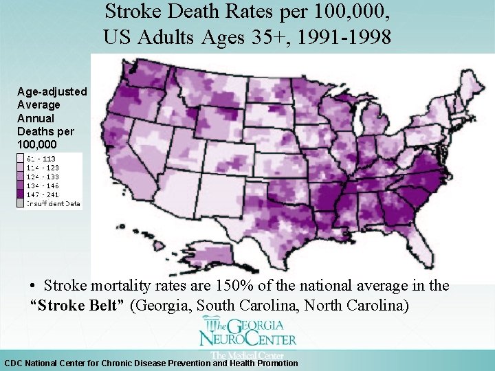 Stroke Death Rates per 100, 000, US Adults Ages 35+, 1991 -1998 Age-adjusted Average