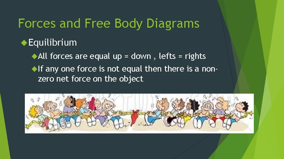 Forces and Free Body Diagrams Equilibrium All If forces are equal up = down