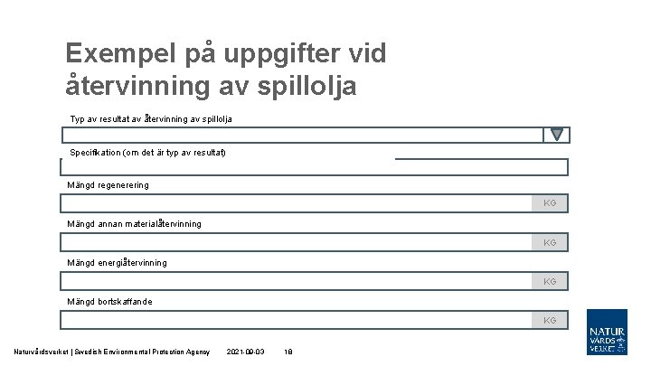 Exempel på uppgifter vid återvinning av spillolja Typ av resultat av återvinning av spillolja