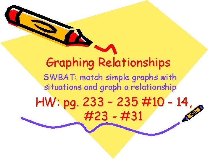 Graphing Relationships SWBAT: match simple graphs with situations and graph a relationship HW: pg.