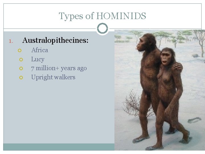 Types of HOMINIDS Australopithecines: 1. Africa Lucy 7 million+ years ago Upright walkers 