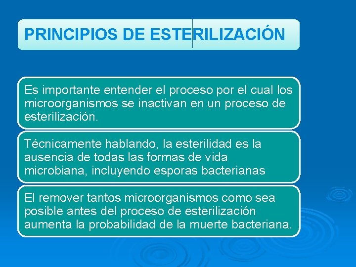 PRINCIPIOS DE ESTERILIZACIÓN Es importante entender el proceso por el cual los microorganismos se