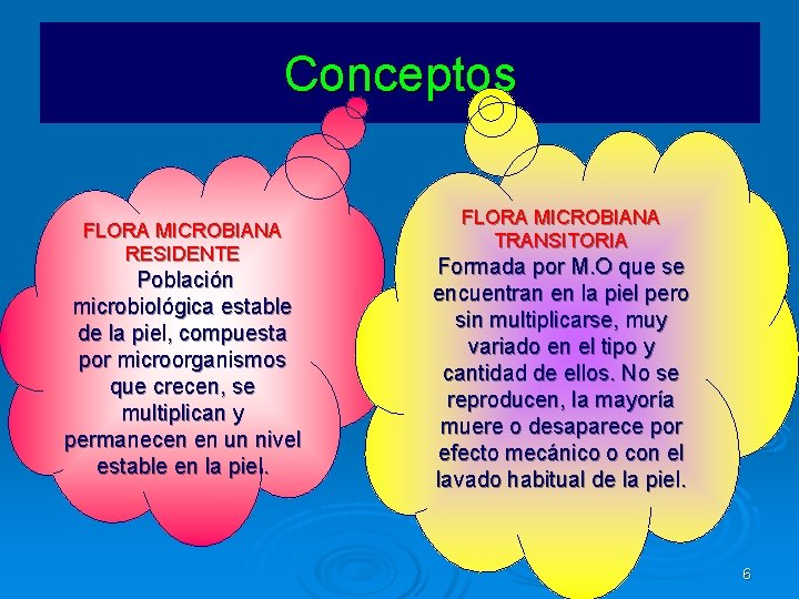 Conceptos FLORA MICROBIANA RESIDENTE Población microbiológica estable de la piel, compuesta por microorganismos que