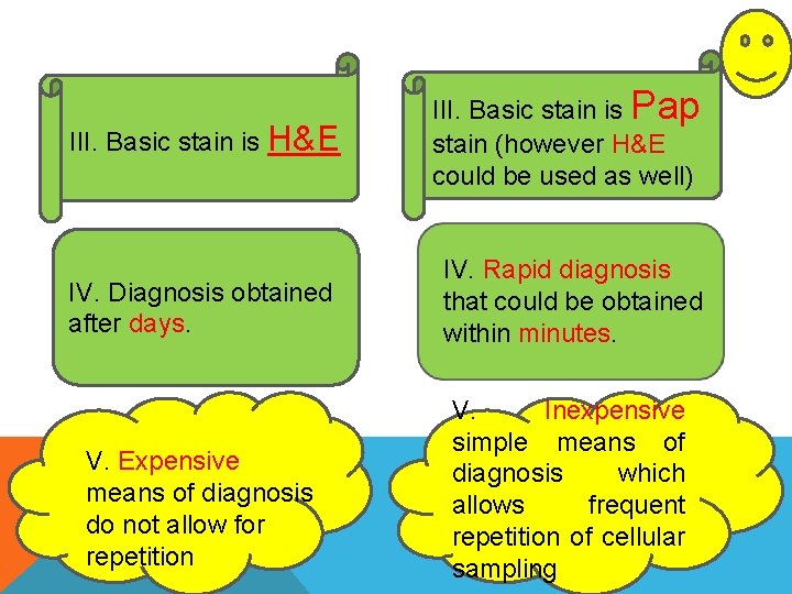 III. Basic stain is H&E III. Basic stain is Pap stain (however H&E could III. Basic stain is H&E III. Basic stain is Pap stain (however H&E could